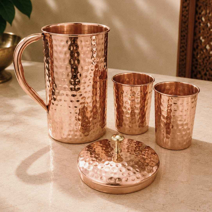 Copper Hammered Jug with Two Glass Set