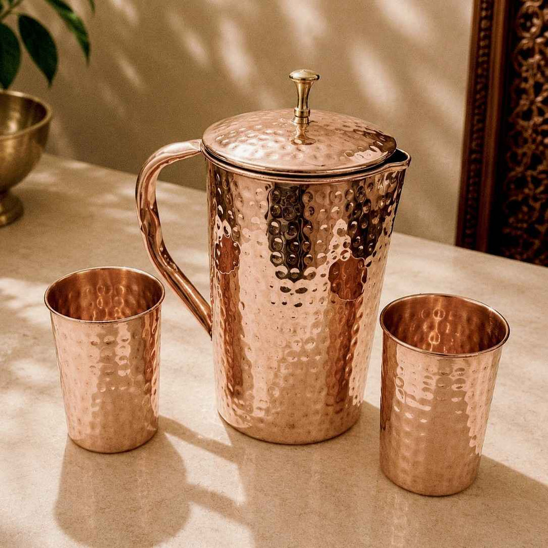 Copper Hammered Jug with Two Glass Set
