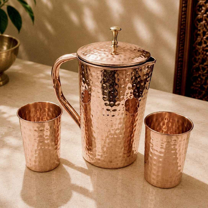 Copper Hammered Jug with Two Glass Set