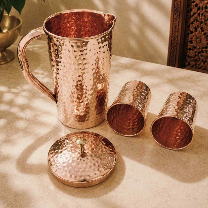 Copper Hammered Jug with Two Glass Set