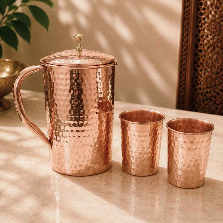 Copper Hammered Jug with Two Glass Set