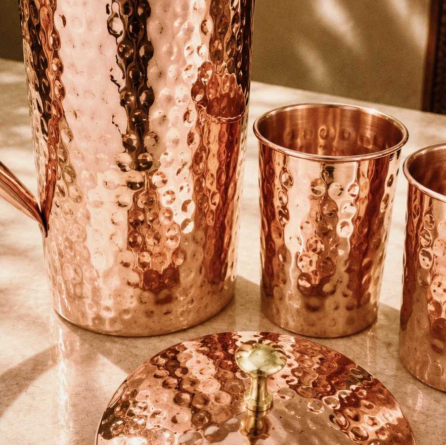 Copper Hammered Jug with Two Glass Set