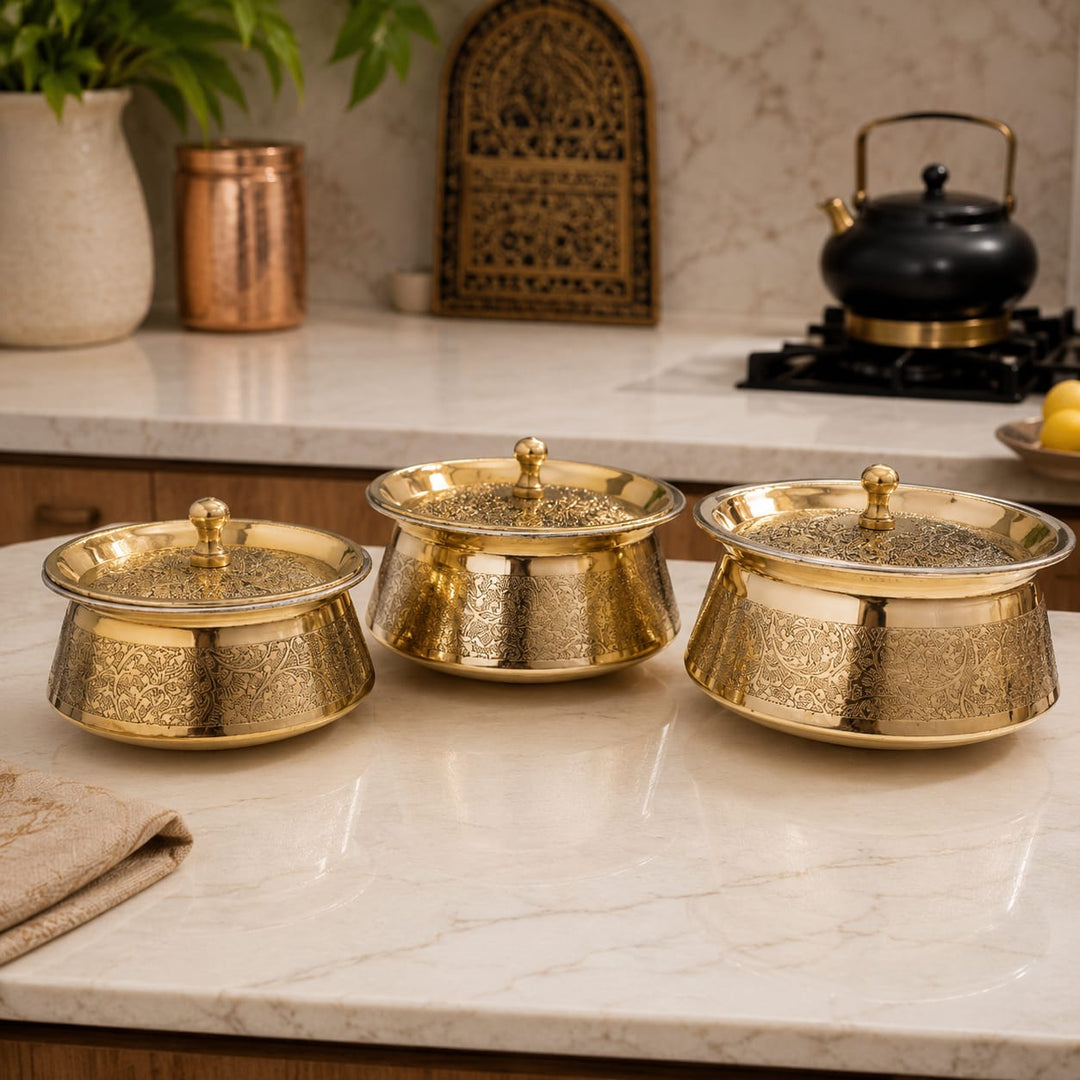 Brass Embossed Handi with Lid - Food safe Kalai Lining