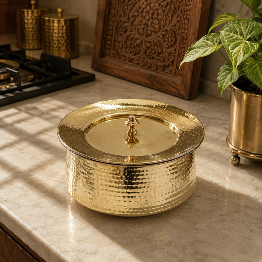 Handcrafted hammered brass handi with lid for traditional Indian cooking