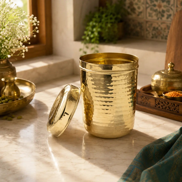 Pitalya handcrafted hammered brass container with lid for elegant kitchen storage and serving