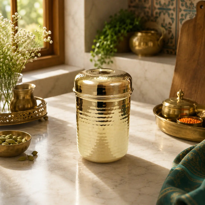 A hammered brass chai pot with a matching lid sits on a marble countertop in a warm, sunlit kitchen setting.