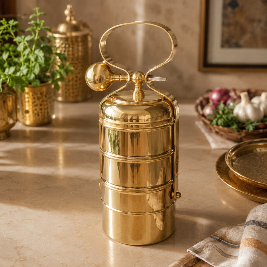 Pitalya handcrafted pure brass 3 tier tiffin with sturdy handle for carrying homemade meals