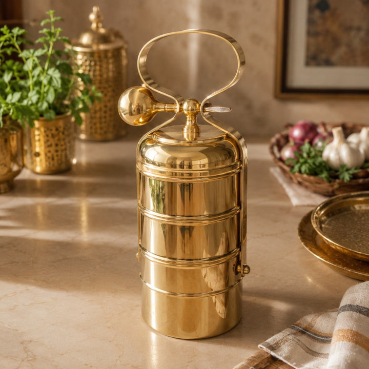 Pitalya handcrafted pure brass 3 tier tiffin with sturdy handle for carrying homemade meals