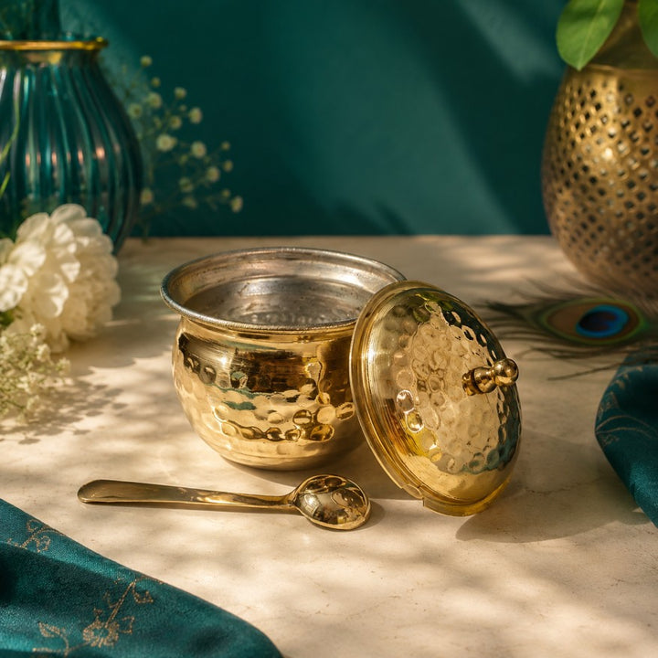 Pitalya handcrafted brass ghee pot with lid and serving spoon featuring food-safe kalai lining