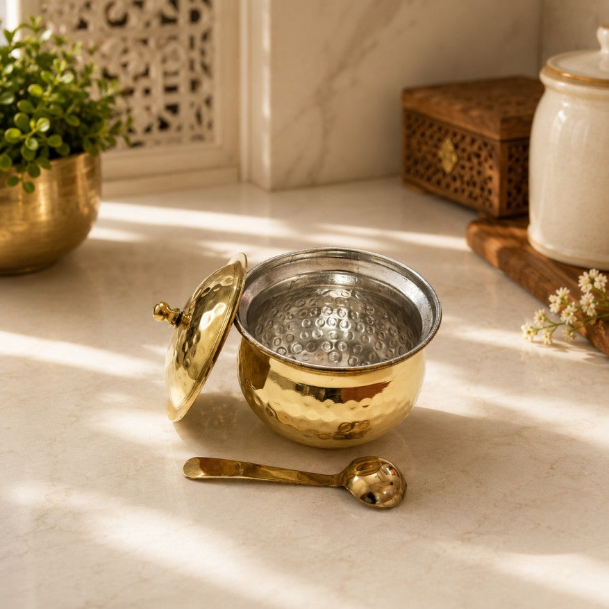 Pitalya handcrafted brass ghee pot with lid and serving spoon featuring food-safe kalai lining