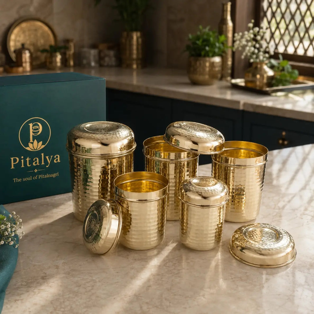 Pitalya handcrafted hammered brass container with lid for elegant kitchen storage and serving