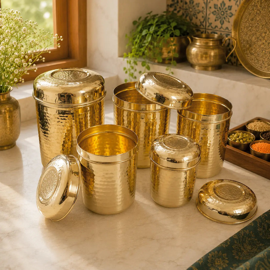 Pitalya handcrafted hammered brass container with lid for elegant kitchen storage and serving