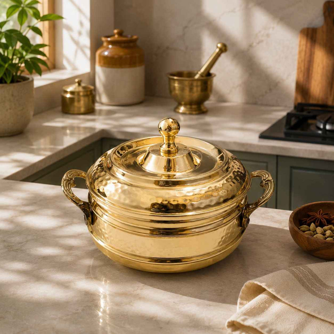 Royal Hammered Brass Handi with Lid- Food-Safe Kalai Lining
