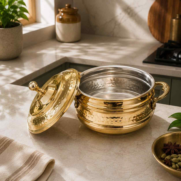 Royal Hammered Brass Handi with Lid- Food-Safe Kalai Lining