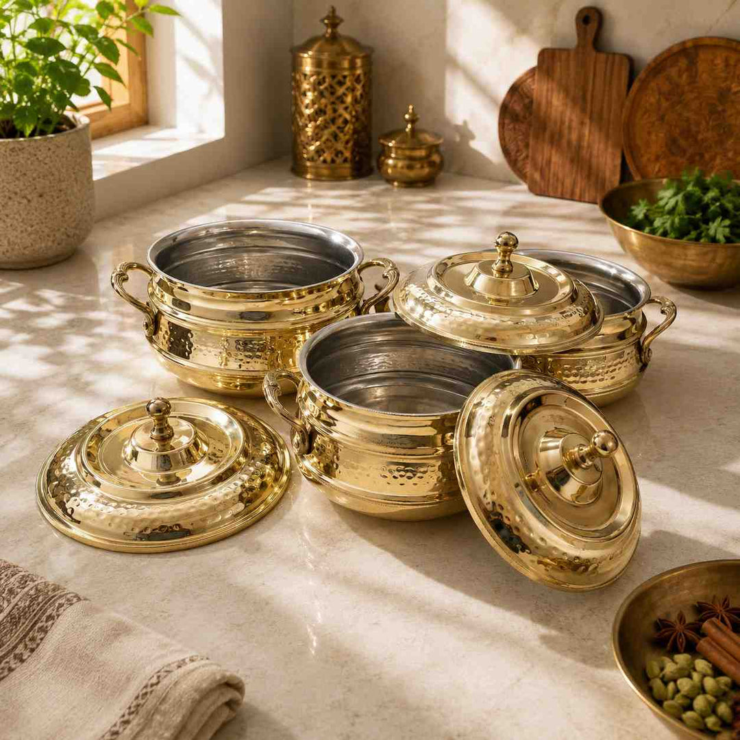 Royal Hammered Brass Handi with Lid- Food-Safe Kalai Lining