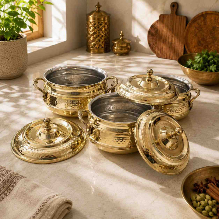 Royal Hammered Brass Handi with Lid- Food-Safe Kalai Lining