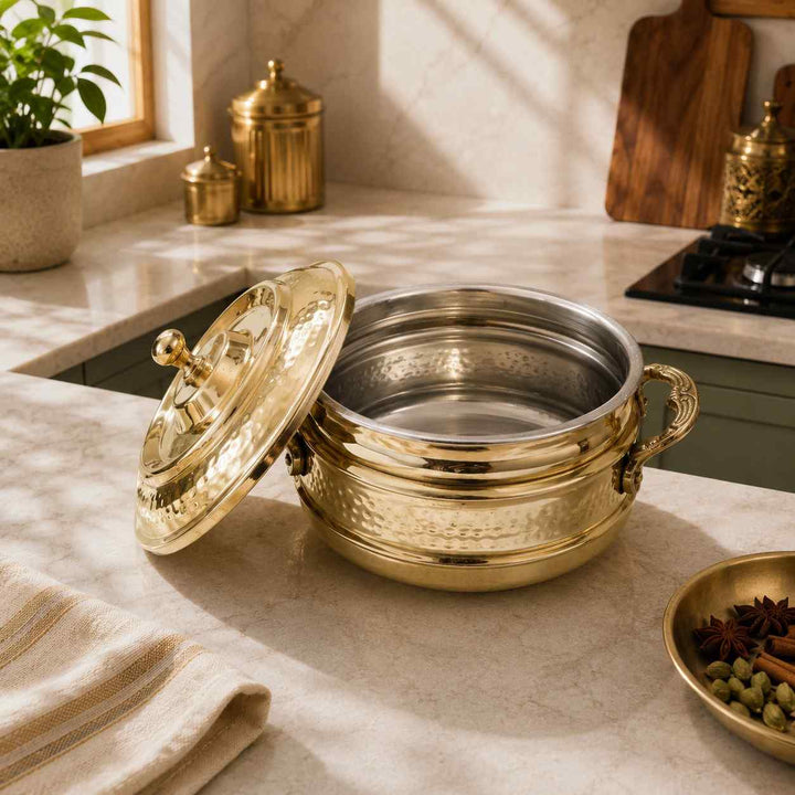 Royal Hammered Brass Handi with Lid- Food-Safe Kalai Lining