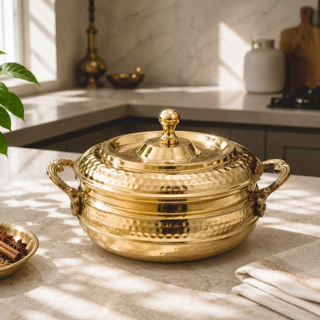 Royal Hammered Brass Handi with Lid- Food-Safe Kalai Lining