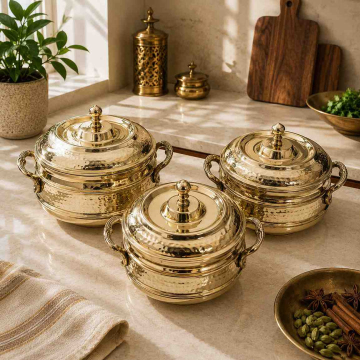 Royal Hammered Brass Handi with Lid- Food-Safe Kalai Lining
