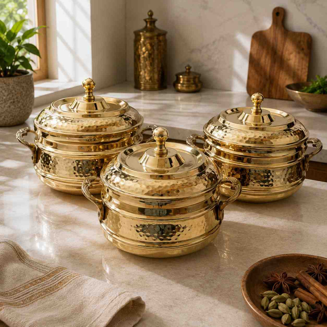 Royal Hammered Brass Handi with Lid- Food-Safe Kalai Lining