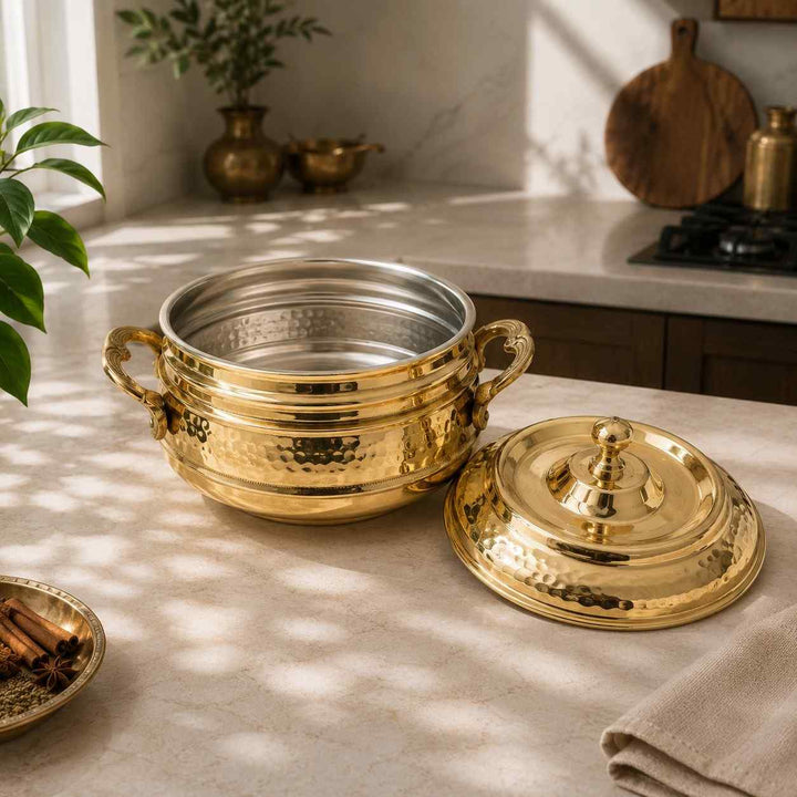 Royal Hammered Brass Handi with Lid- Food-Safe Kalai Lining