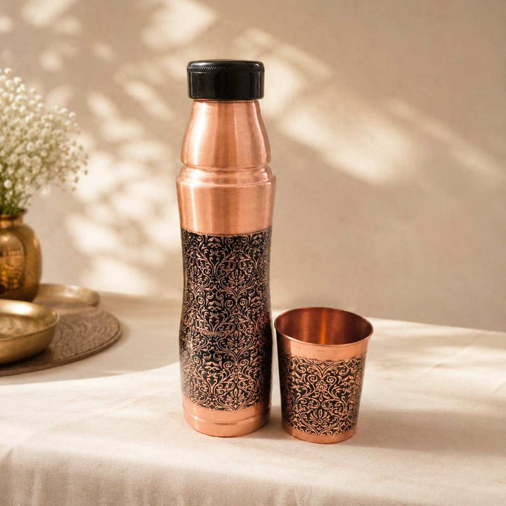 Handcrafted Pure Copper Water Bottle with Intricate Engraved Pattern and Matching Copper Tumbler