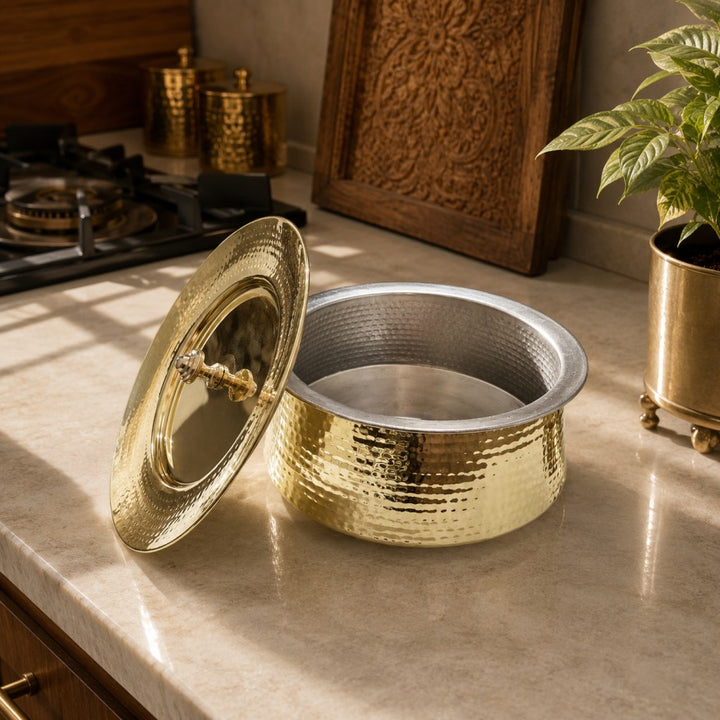 Brass Hammered Handi with Lid- Food Safe Kalai Lining