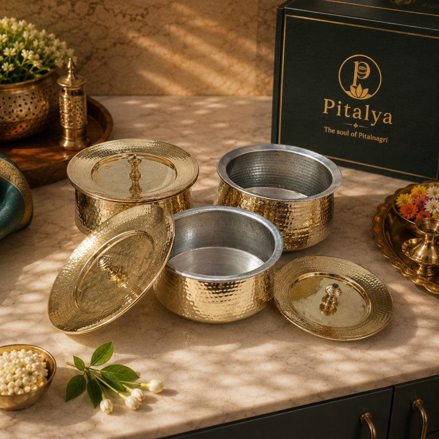 Pitalya handcrafted hammered brass handi with lid for traditional Indian slow cooking