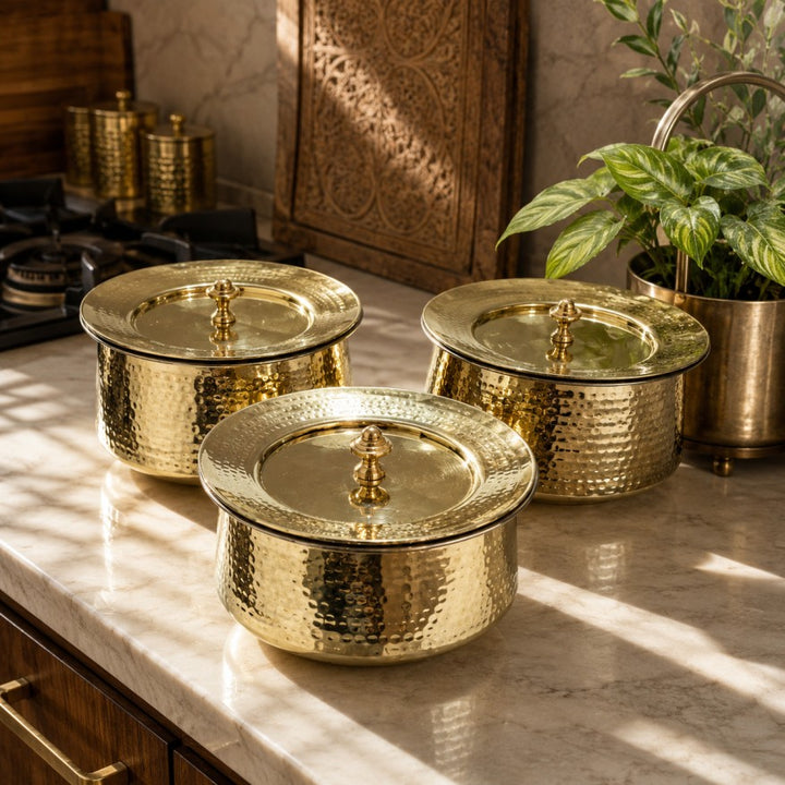 Pitalya handcrafted hammered brass handi with lid for traditional Indian slow cooking