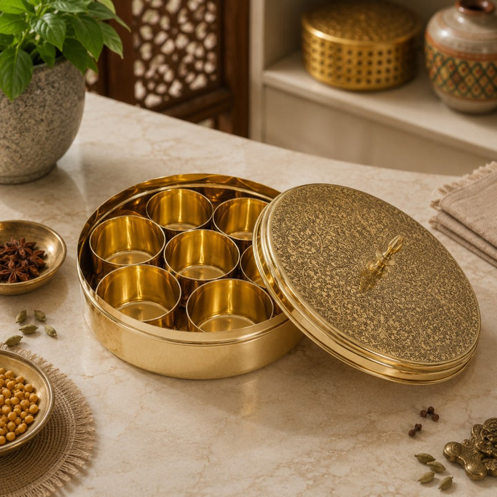 Pitalya handcrafted pure brass masala dani with lid for storing and organizing Indian spices