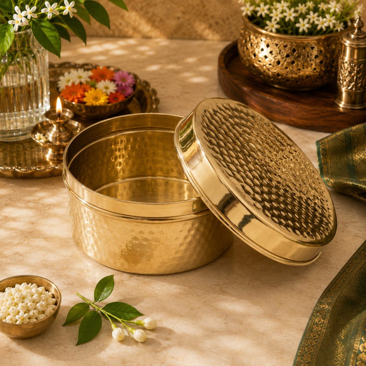 Pitalya handcrafted pure brass ladoo box with lid for storing and serving Indian sweets