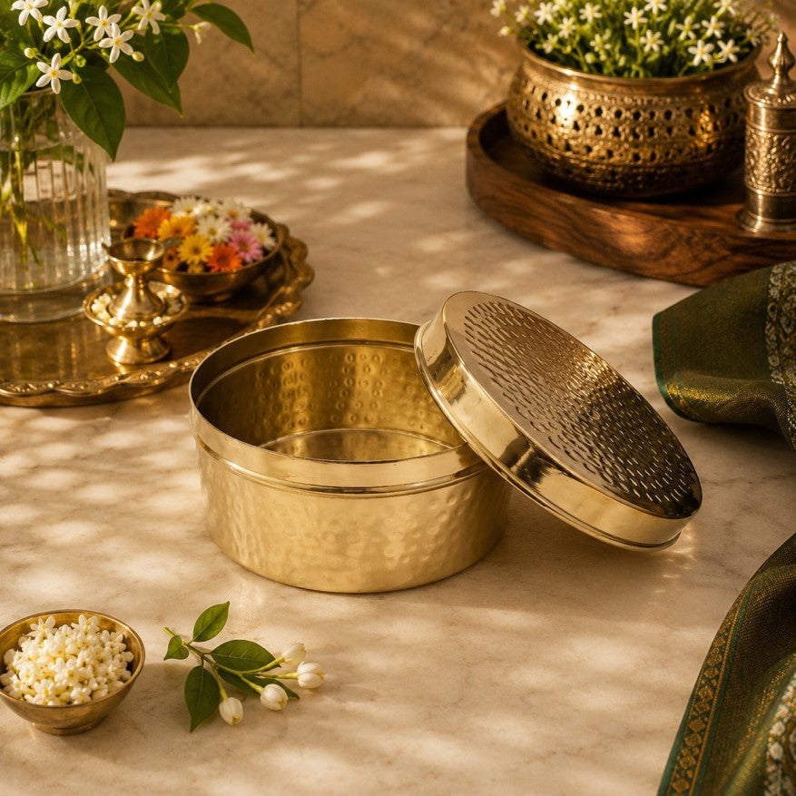 Pitalya handcrafted pure brass ladoo box with lid for storing and serving Indian sweets