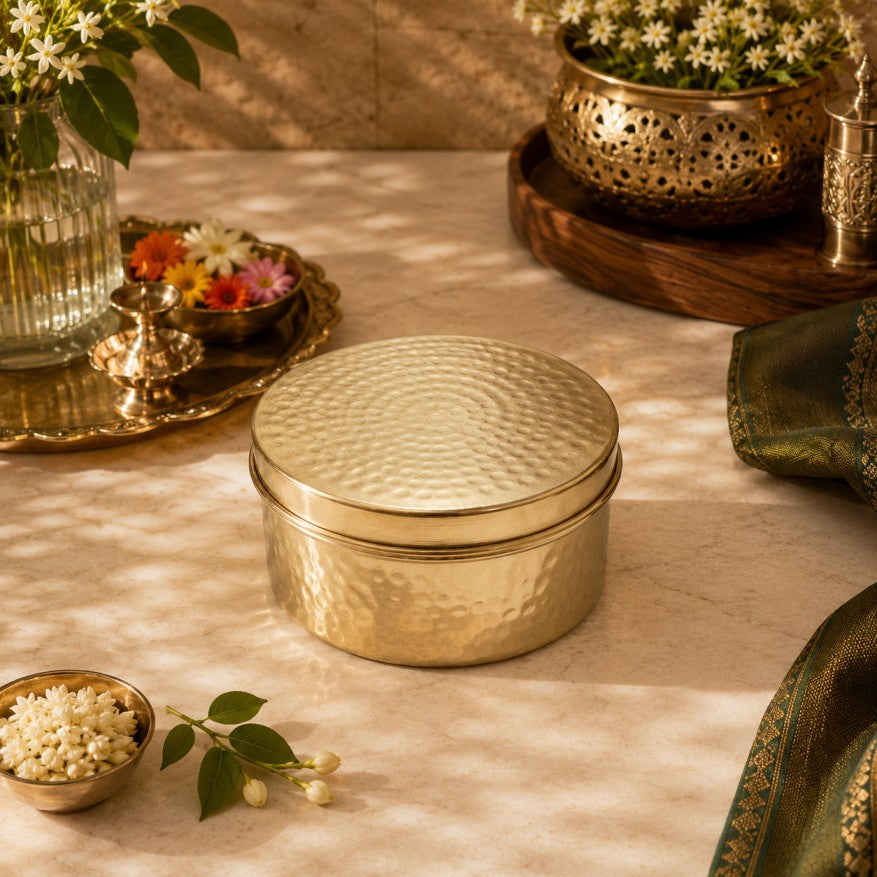Pitalya handcrafted pure brass ladoo box with lid for storing and serving Indian sweets