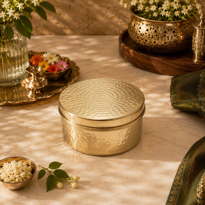 Pitalya handcrafted pure brass ladoo box with lid for storing and serving Indian sweets