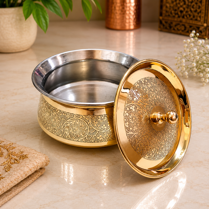 Brass Embossed Handi with Lid - Food safe Kalai Lining