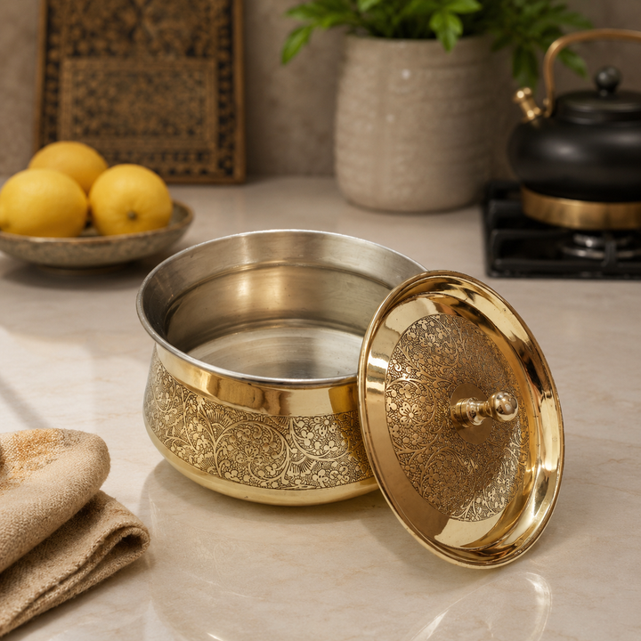 Brass Embossed Handi with Lid - Food safe Kalai Lining