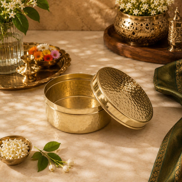 Pitalya handcrafted pure brass ladoo box with lid for storing and serving Indian sweets