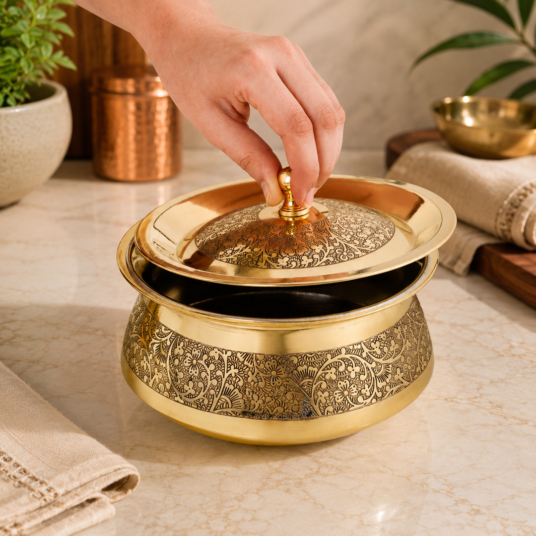 Brass Embossed Handi with Lid - Food safe Kalai Lining