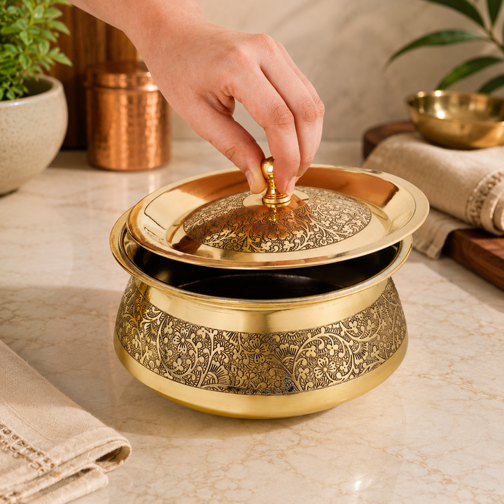 Brass Embossed Handi with Lid - Food safe Kalai Lining