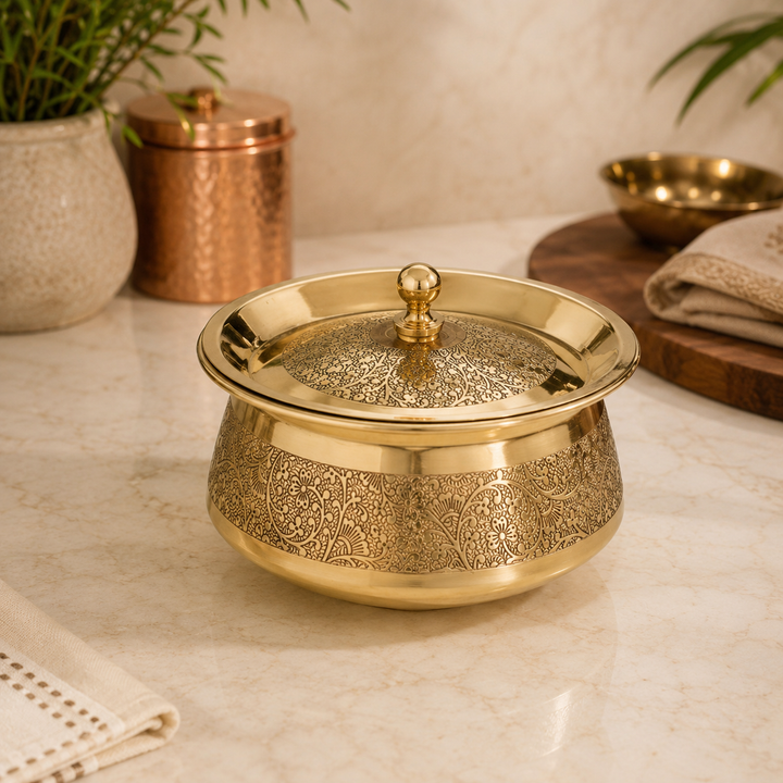Brass Embossed Handi with Lid - Food safe Kalai Lining