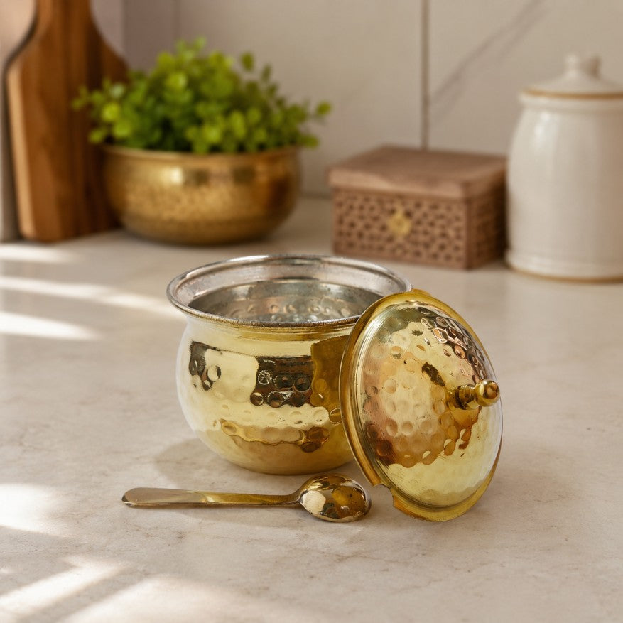 Pitalya handcrafted brass ghee pot with lid and serving spoon featuring food-safe kalai lining