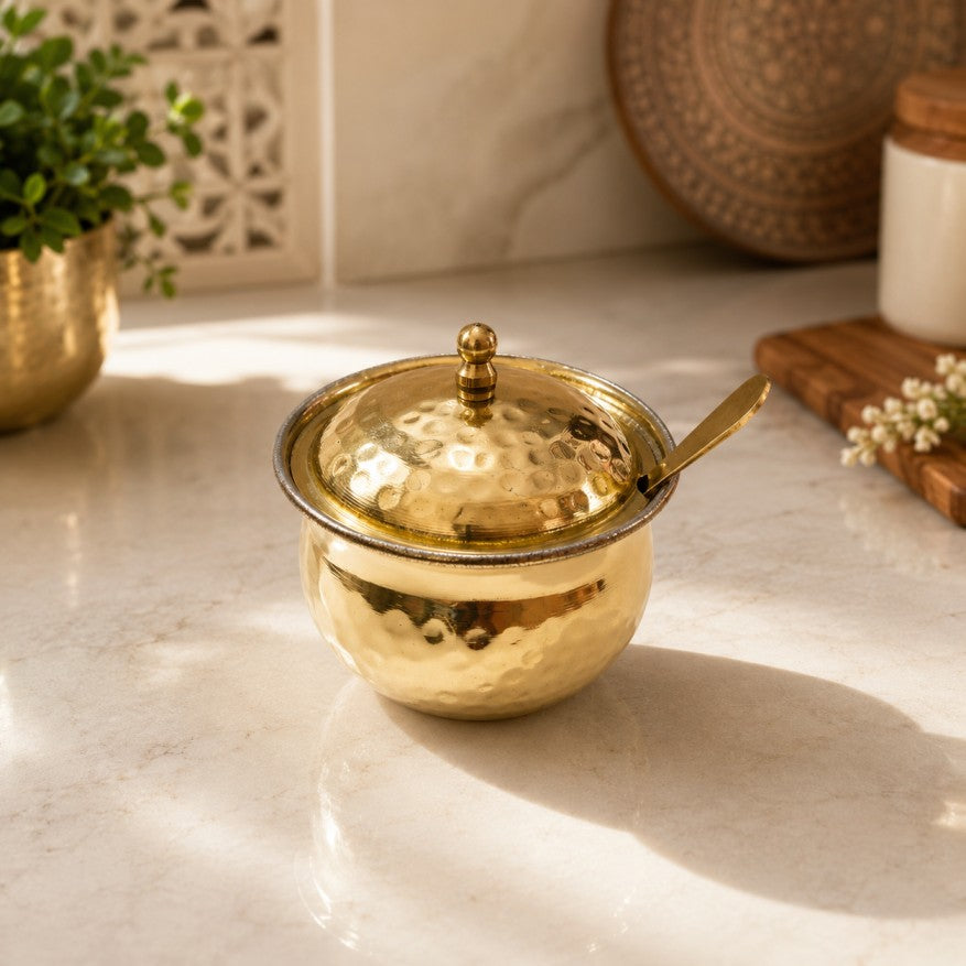 Pitalya handcrafted brass ghee pot with lid and serving spoon featuring food-safe kalai lining