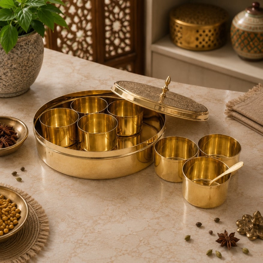Pitalya handcrafted pure brass masala dani with lid for storing and organizing Indian spices