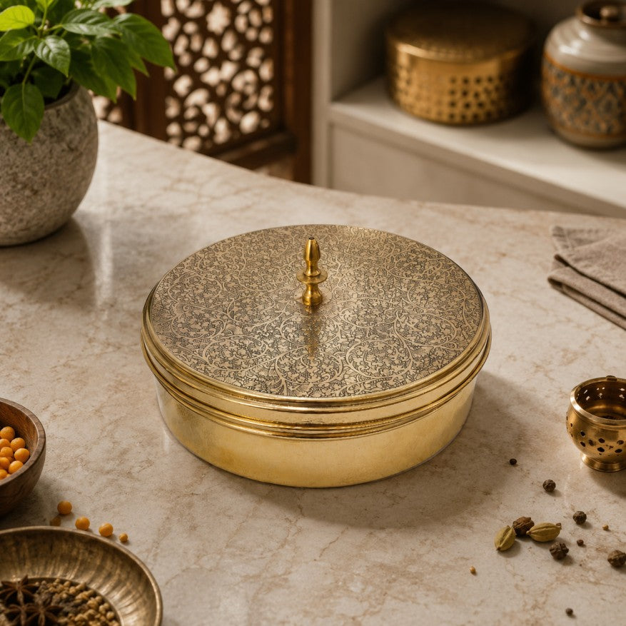 Pitalya handcrafted pure brass masala dani with lid for storing and organizing Indian spices