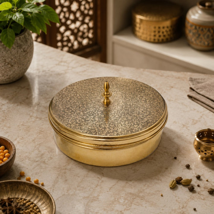 Pitalya handcrafted pure brass masala dani with lid for storing and organizing Indian spices