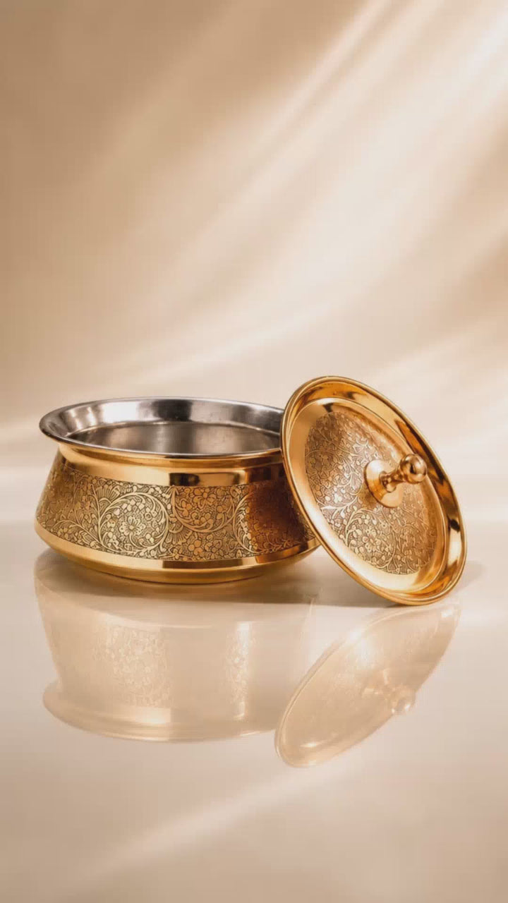 Brass Embossed Handi with Lid - Food safe Kalai Lining